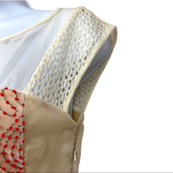 Anthropologie WESTON Illusion Semi Sheer Embroidered Midi Dress Cream Red XS - Picture 8 of 14